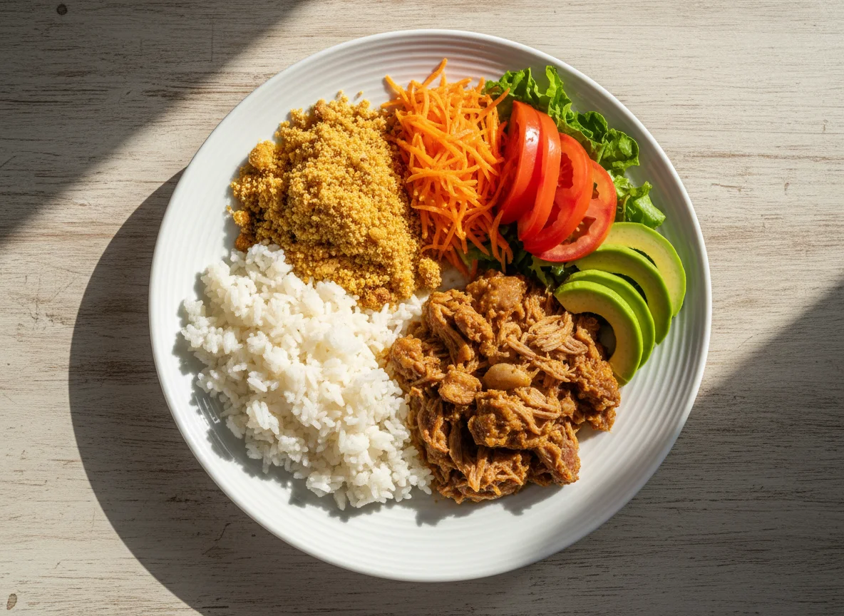 Prato com carne de porco, arroz, farofa e salada photo