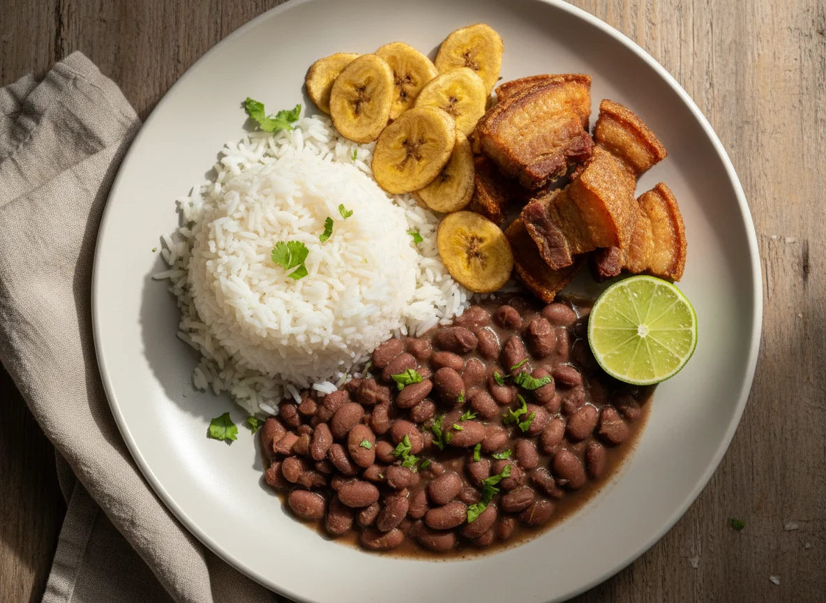 Prato com carne de porco, arroz, feijão e banana chips photo