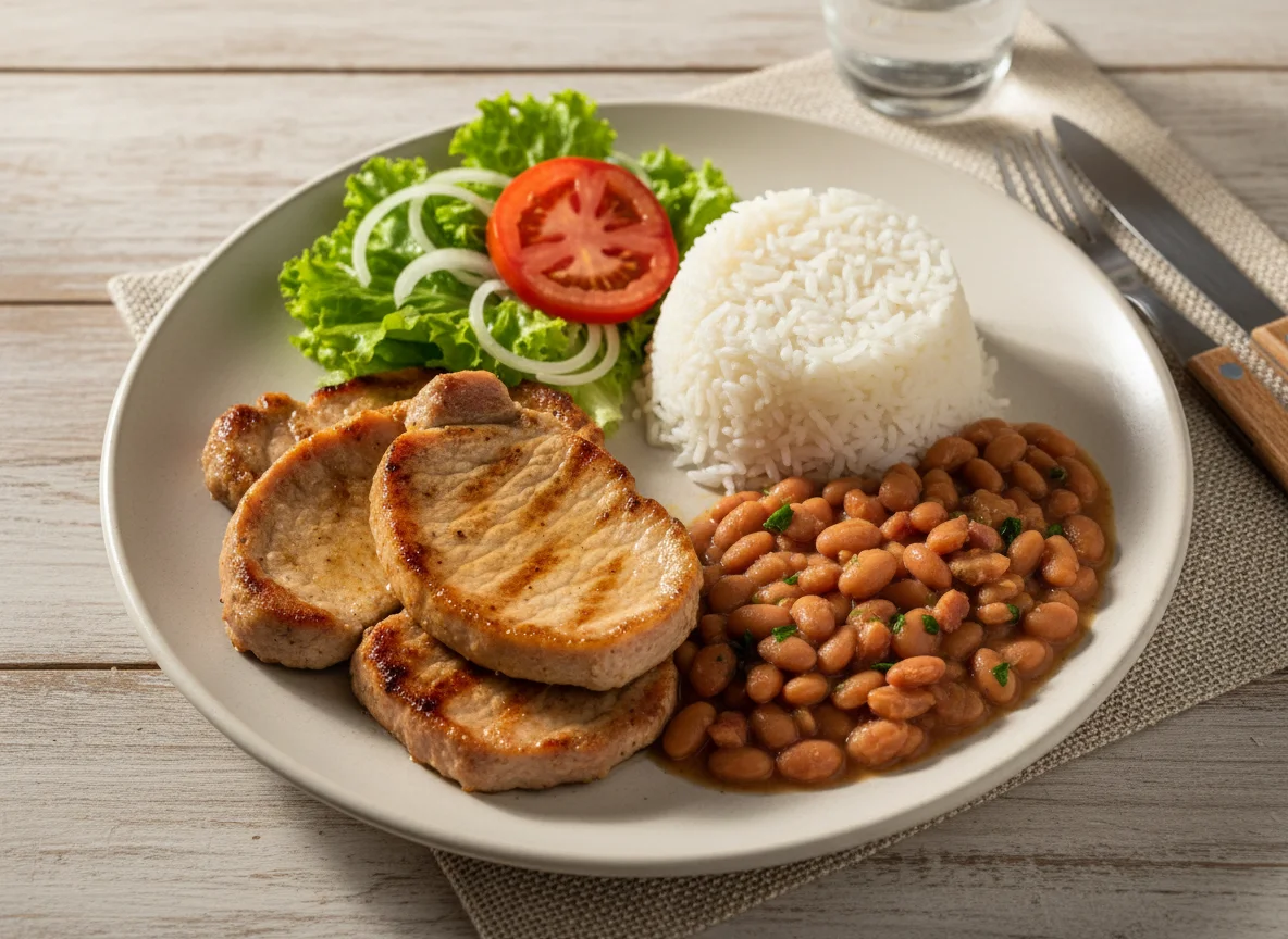Prato com carne de porco, arroz, feijão e salada photo