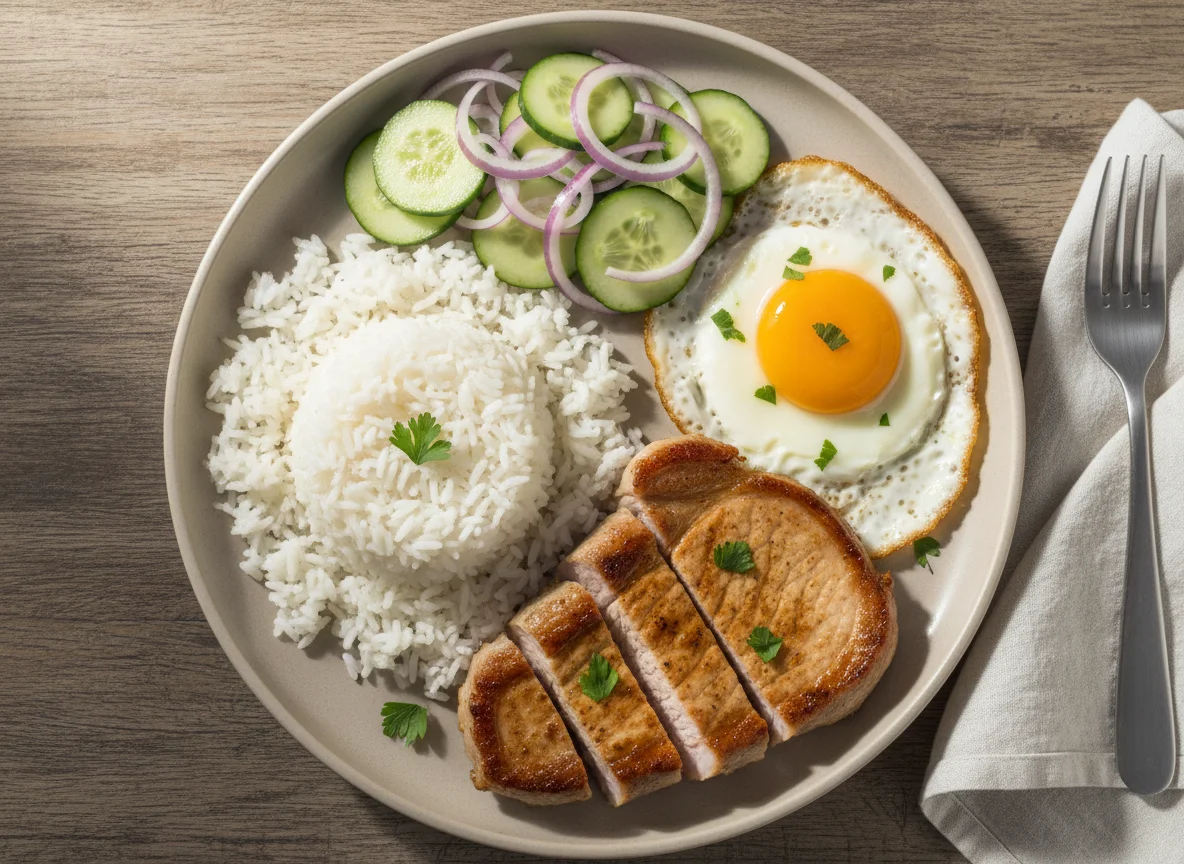 Prato com carne de porco, arroz, ovo frito e salada photo