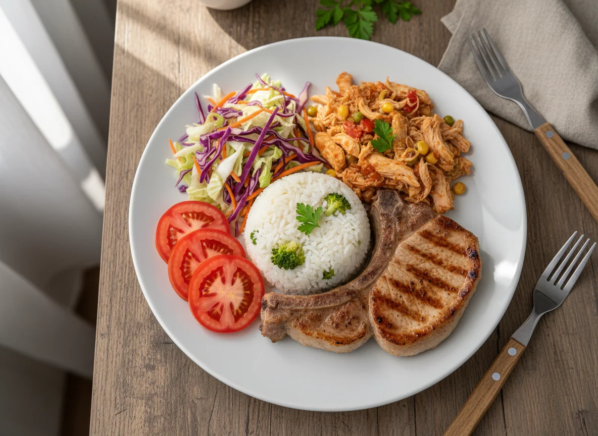 Prato com carne de porco, arroz, salada e frango desfiado photo