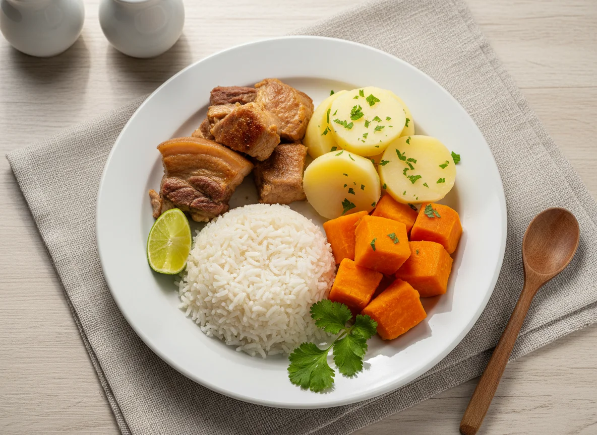 Prato com carne de porco, batata, batata doce e arroz photo