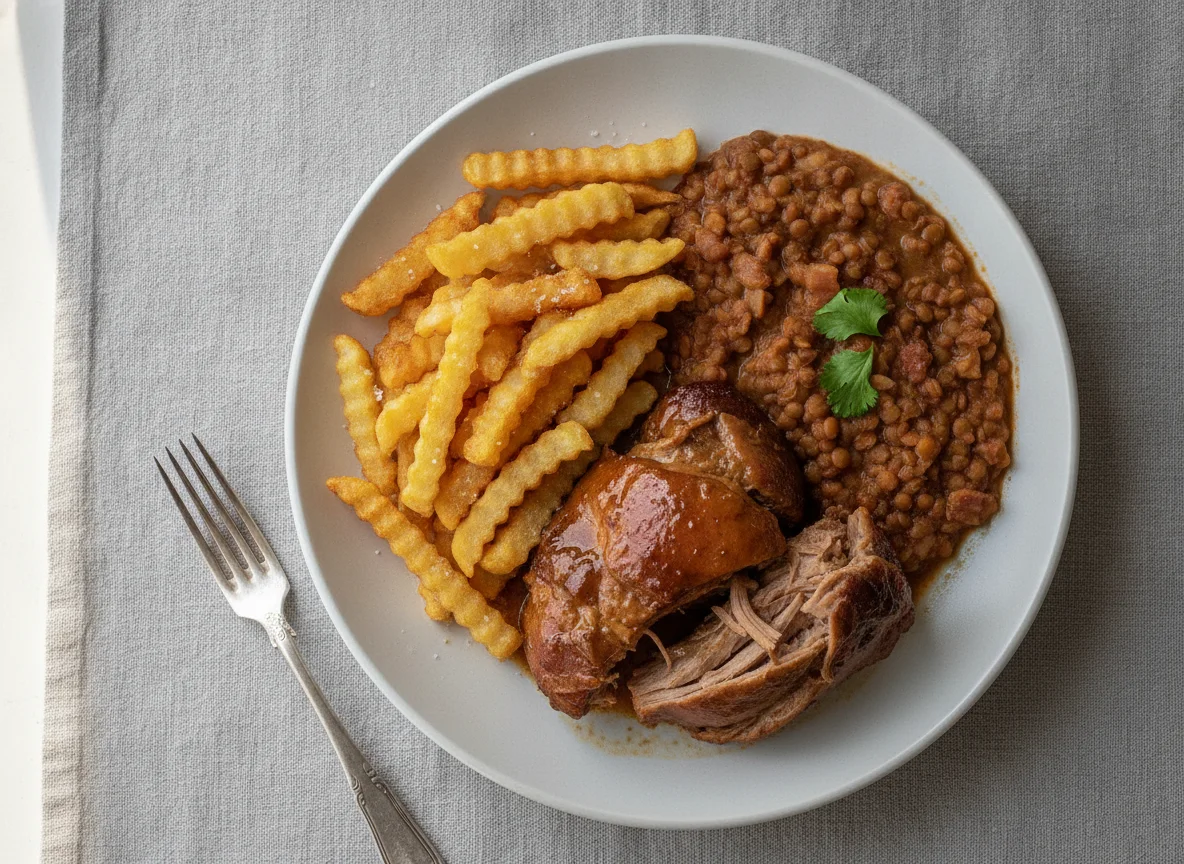 Prato com carne de porco, batata frita e lentilha photo