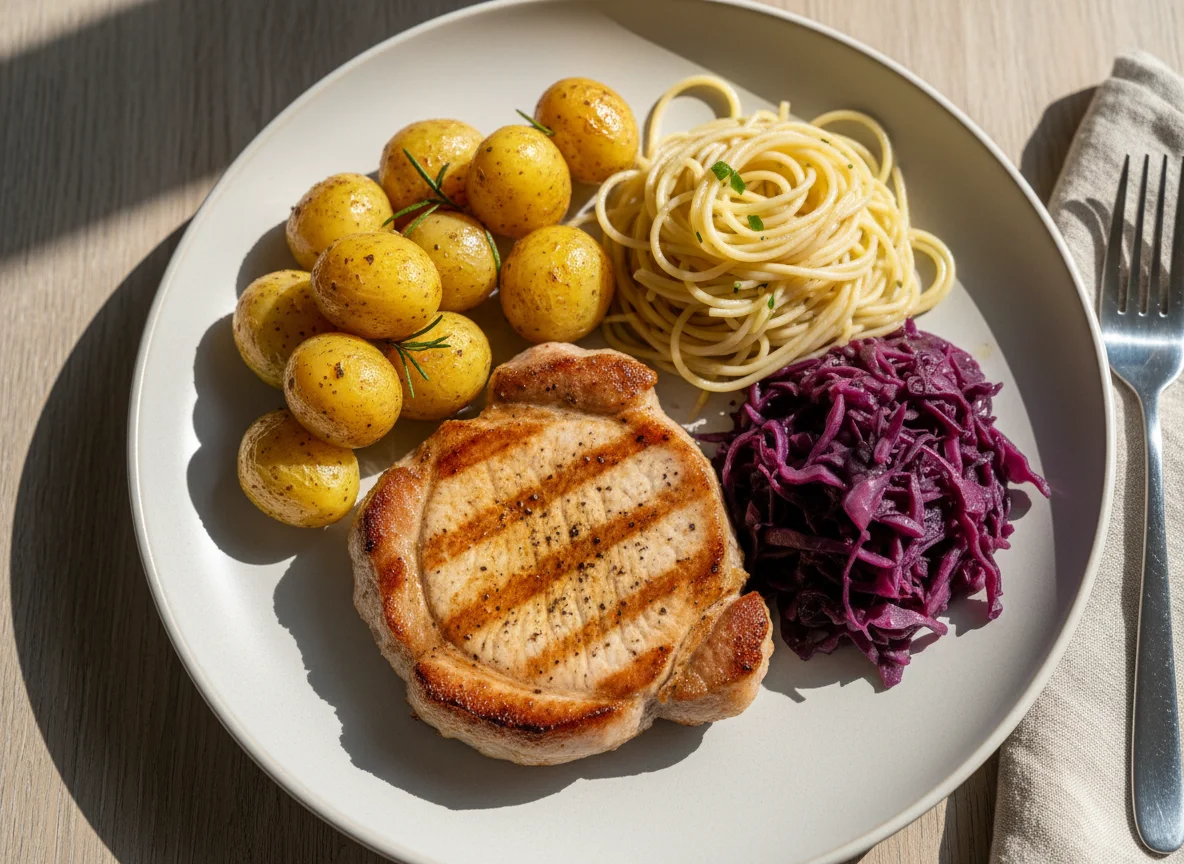 Prato com carne de porco, batatas, macarrão e repolho roxo photo