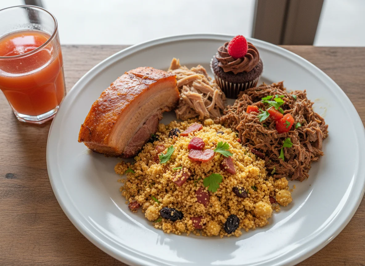 Prato com carne de porco, carne bovina e farofa photo