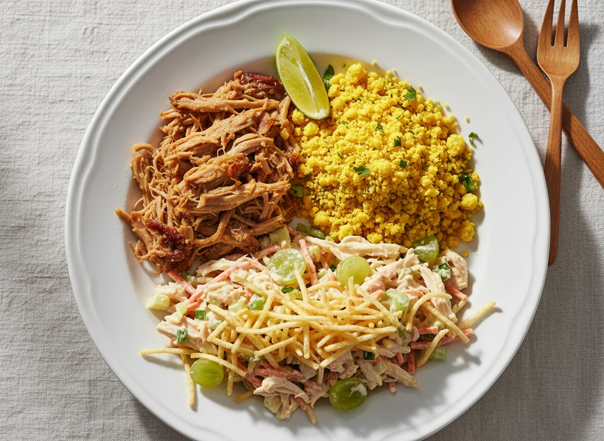 Prato com carne de porco desfiada, farofa e salpicão photo