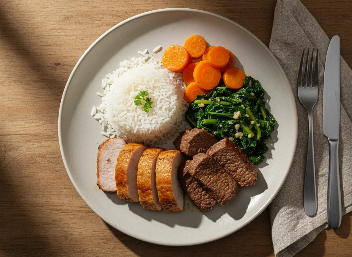 Prato com carne de porco e boi, arroz e vegetais photo