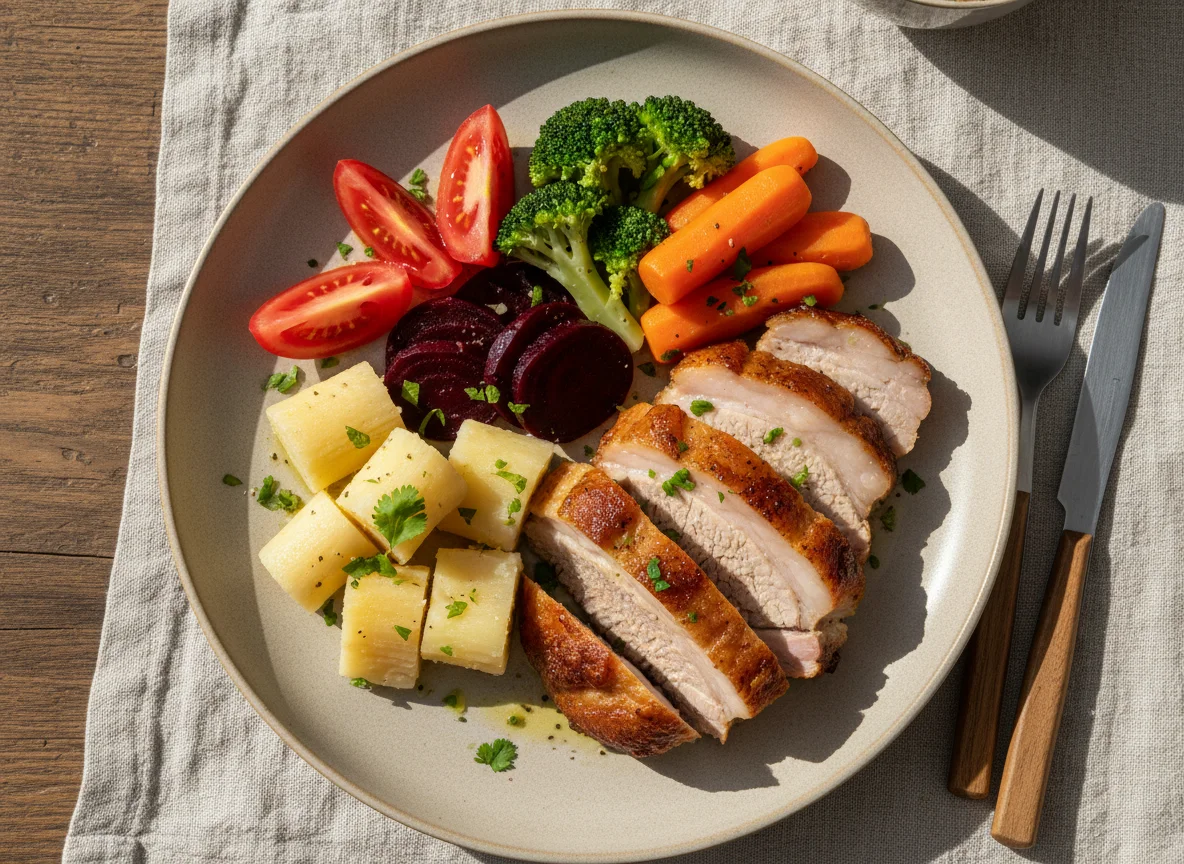 Prato com carne de porco e vegetais photo