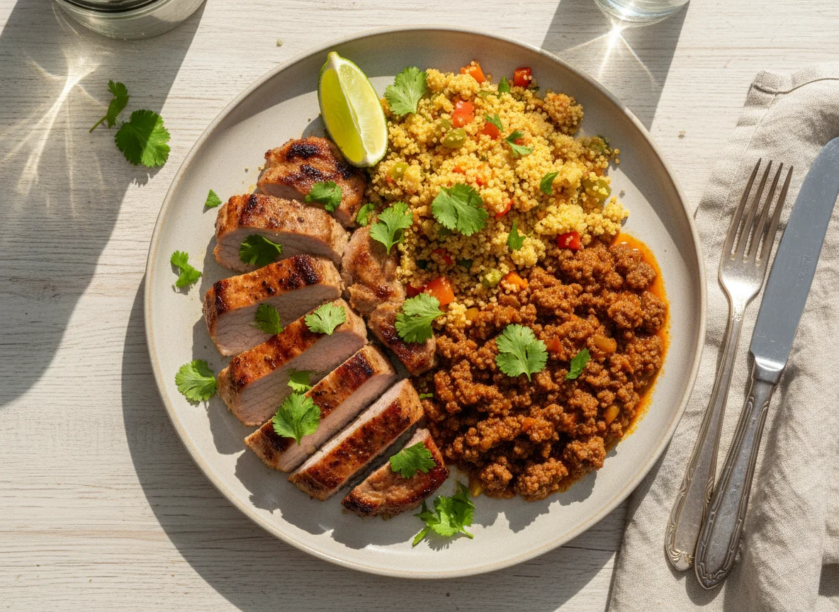 Prato com carne de porco, farofa e carne moída photo