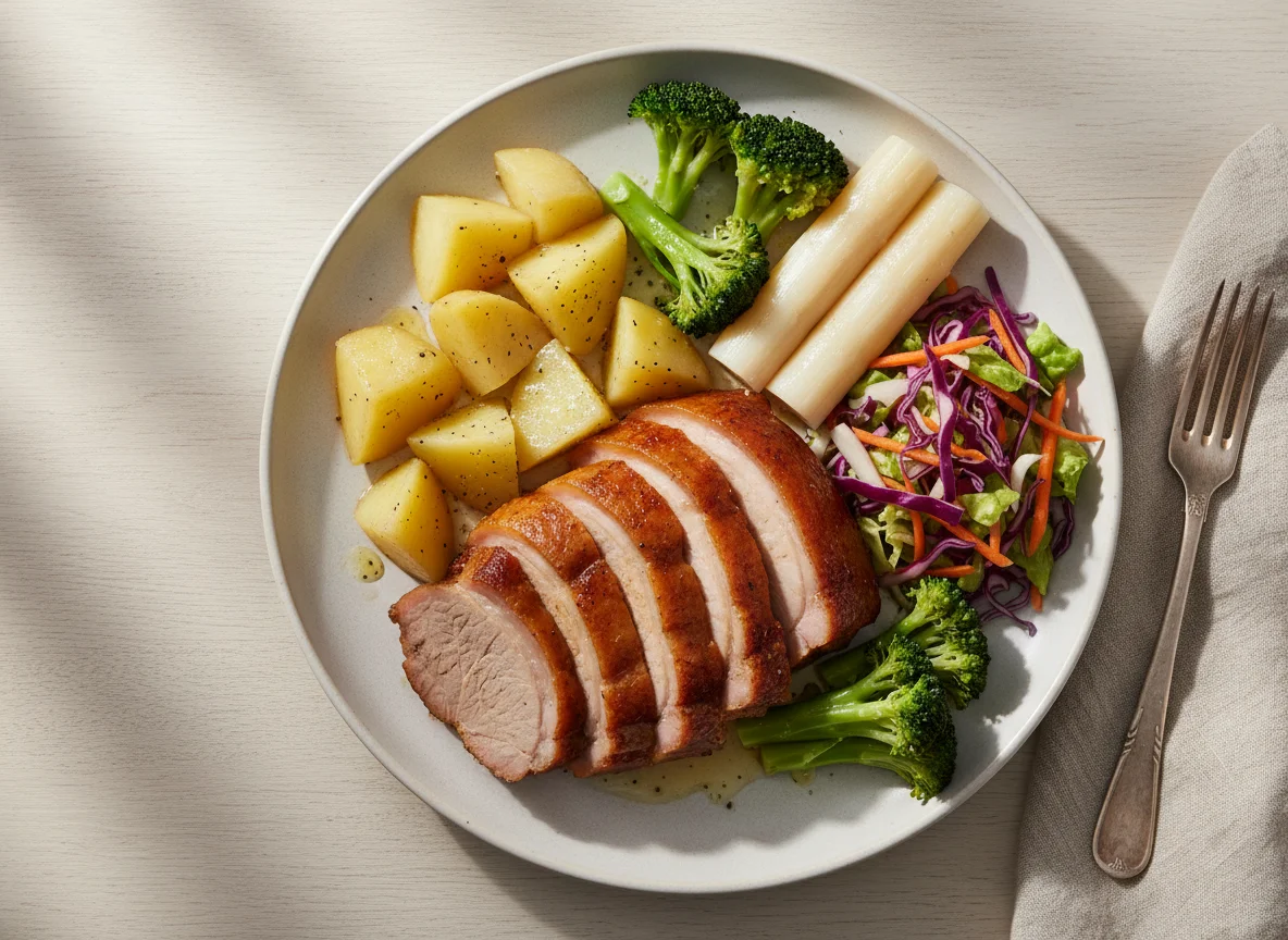 Prato com carne de porco, legumes e palmito photo