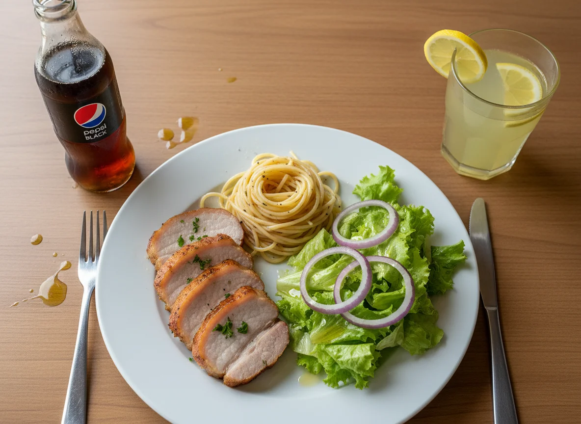 Prato com carne de porco, macarrão e salada photo