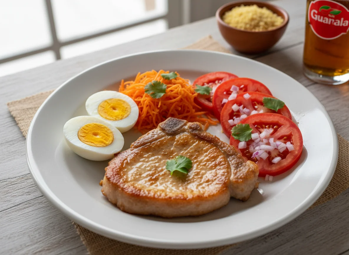 Prato com carne de porco, ovos, cenoura e tomate photo