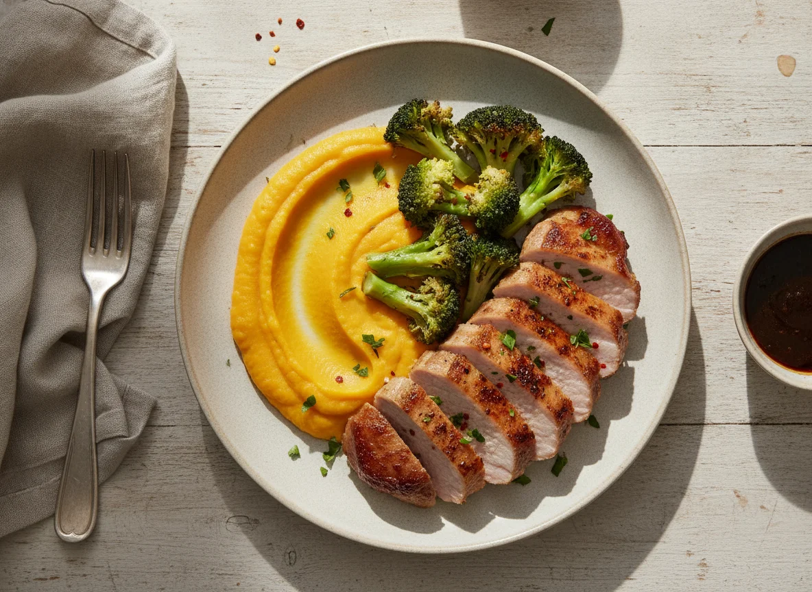 Prato com carne de porco, purê de abóbora e brócolis photo