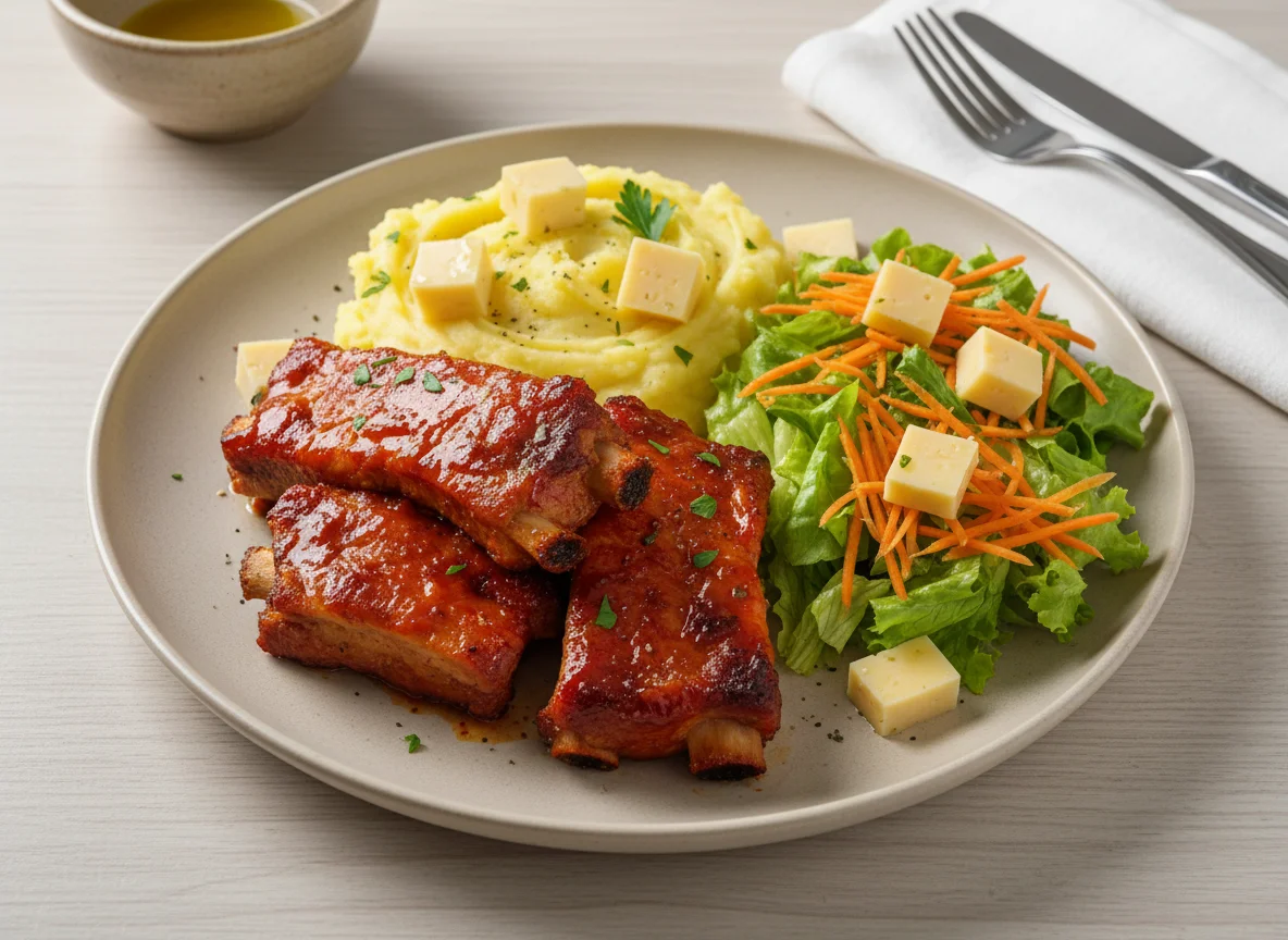 Prato com carne de porco, purê, salada e queijo photo