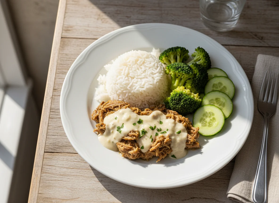 Prato com carne desfiada, arroz, brócolis e pepino photo
