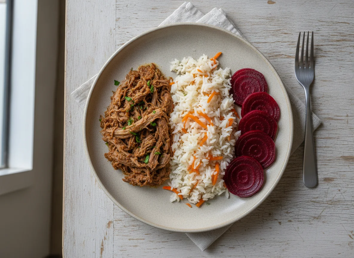 Prato com carne desfiada, arroz e beterraba photo