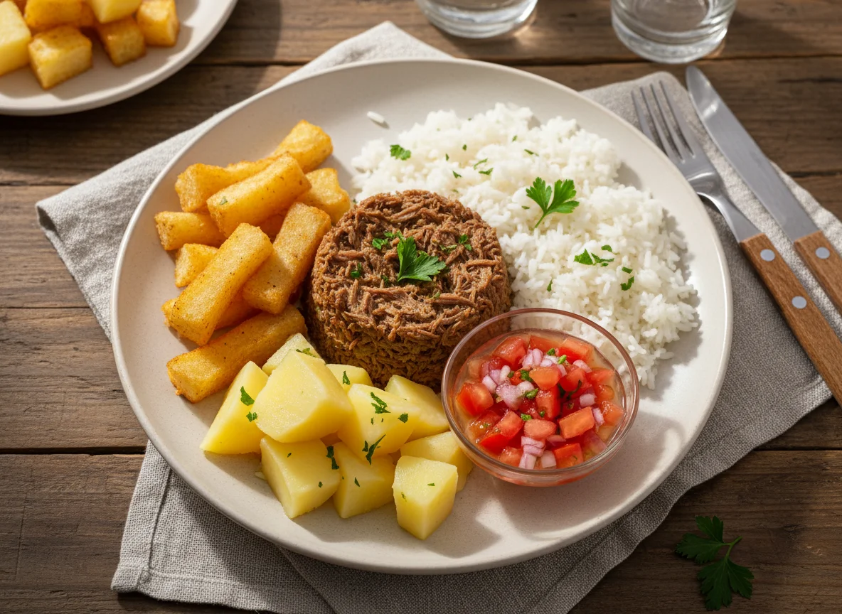 Prato com carne desfiada, arroz, vinagrete e batata photo
