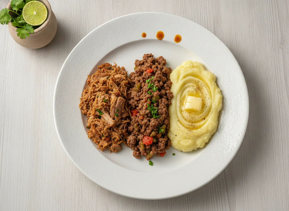 Prato com carne desfiada, carne moída e purê de batata photo