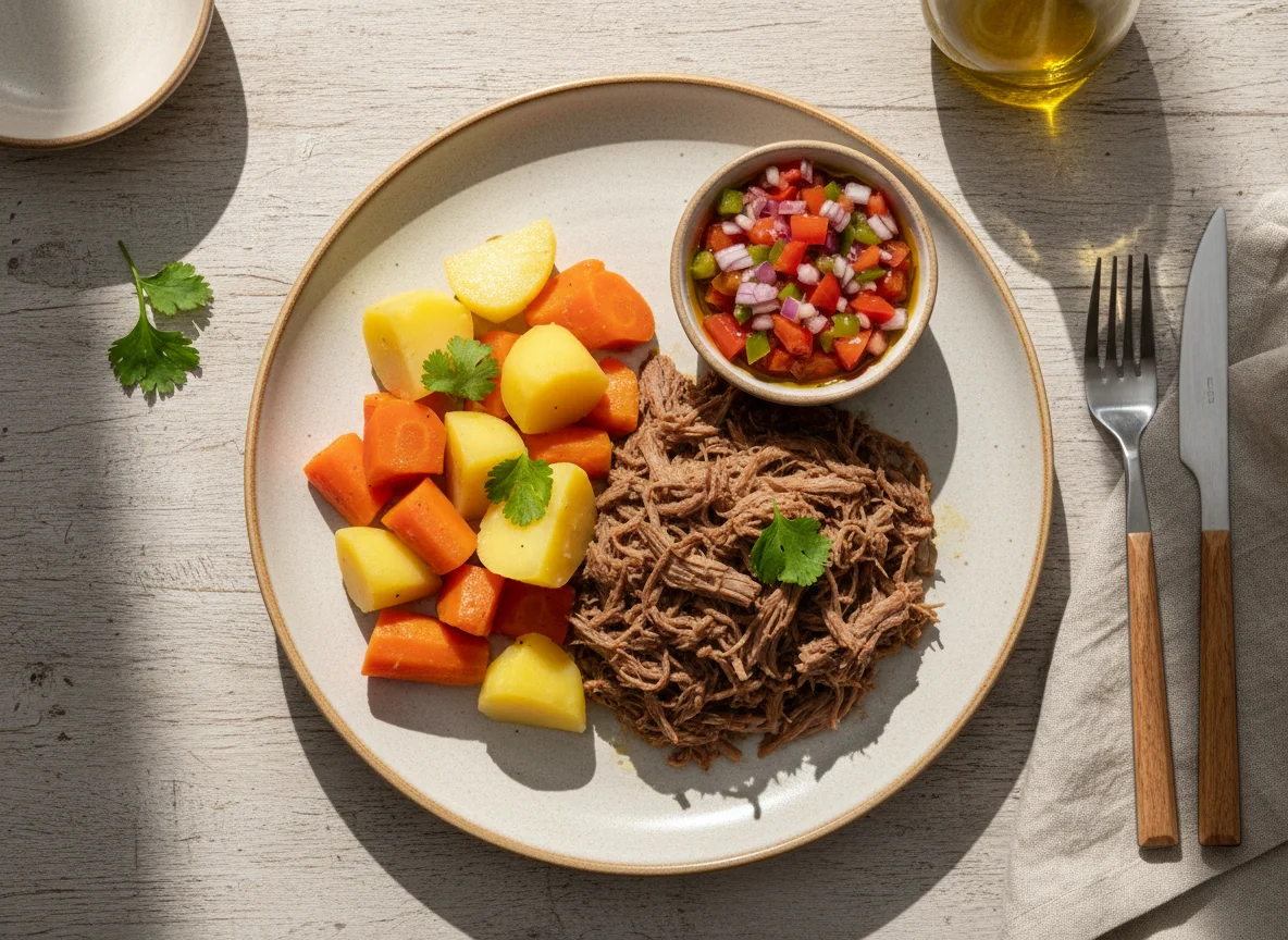 Prato com carne desfiada, legumes e vinagrete photo