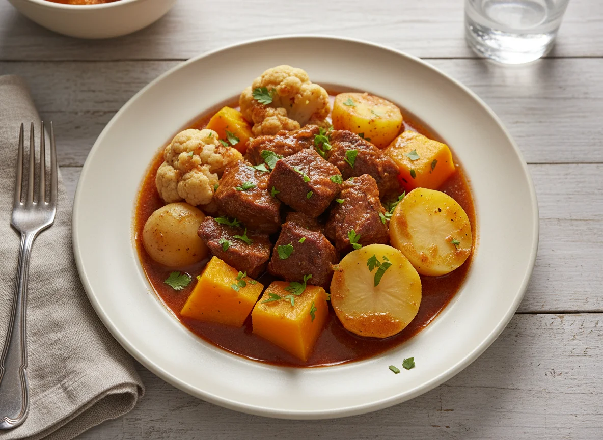 Prato com carne e vegetais cozidos photo