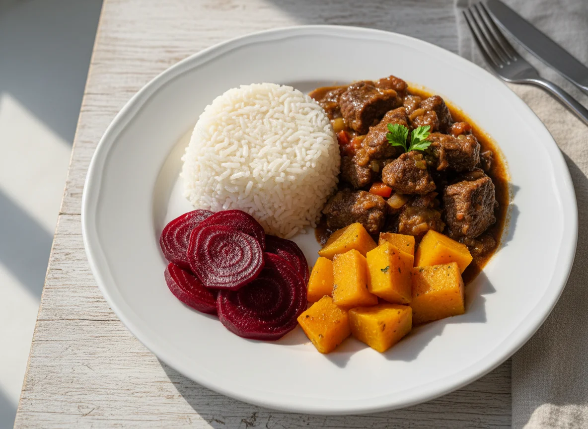 Prato com carne ensopada, arroz, beterraba e abóbora photo