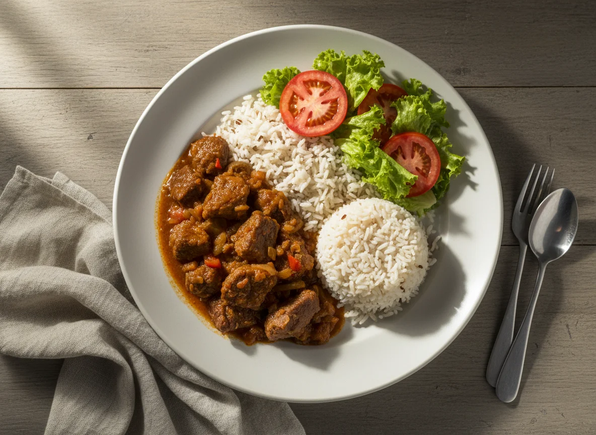 Prato com carne ensopada, arroz e salada photo