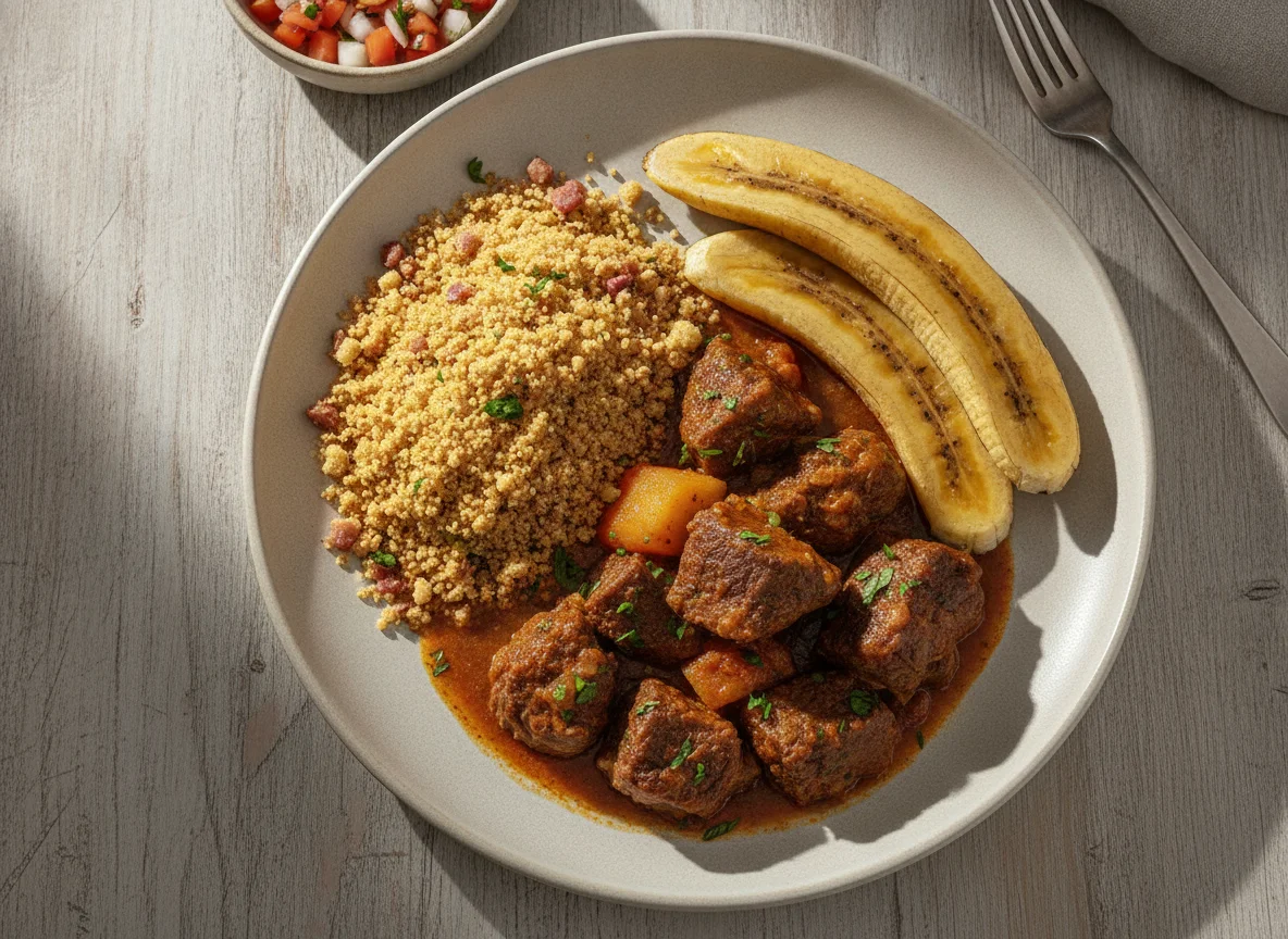 Prato com carne ensopada, farofa e banana photo