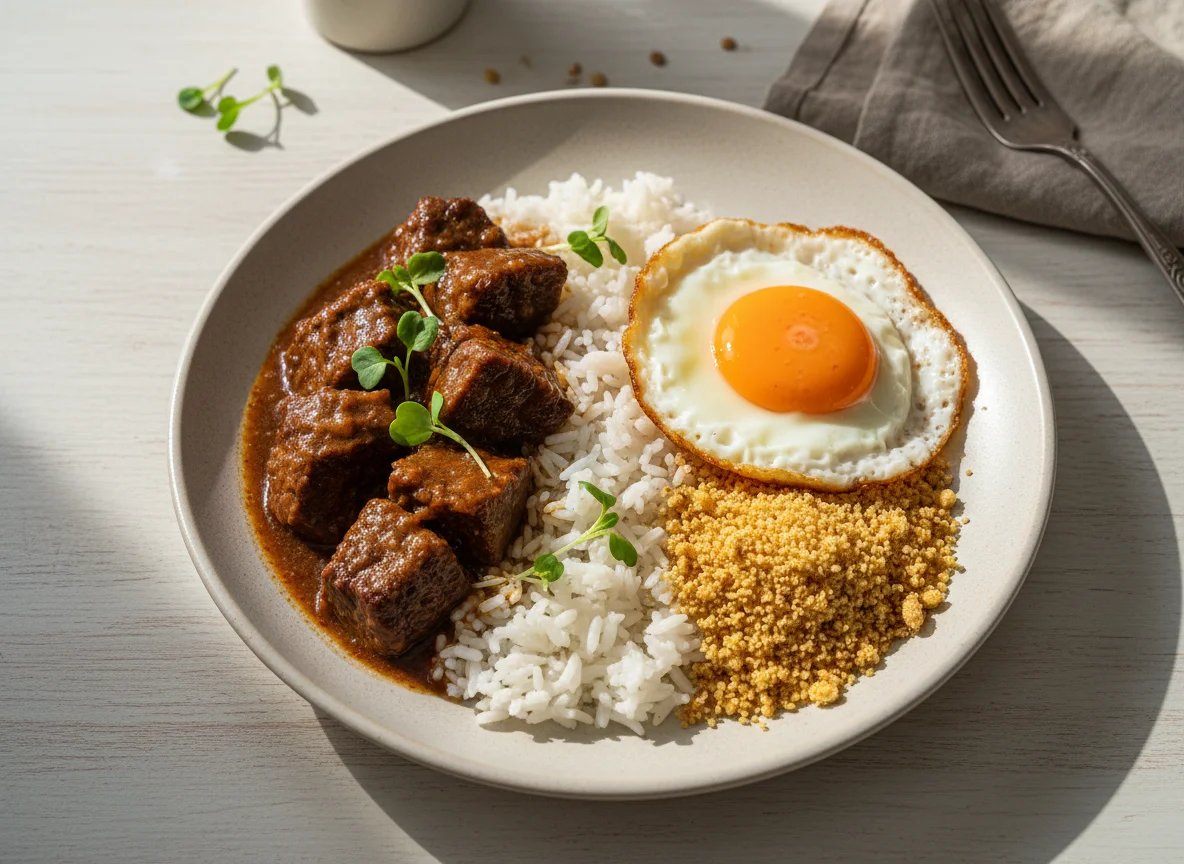 Prato com carne ensopada, ovo frito e farofa photo