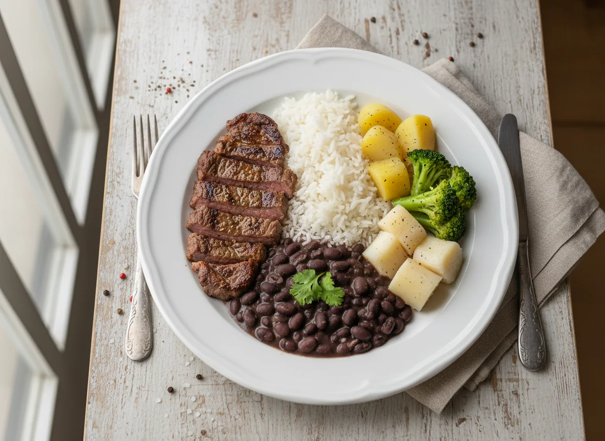 Prato com carne, feijão, arroz e legumes photo
