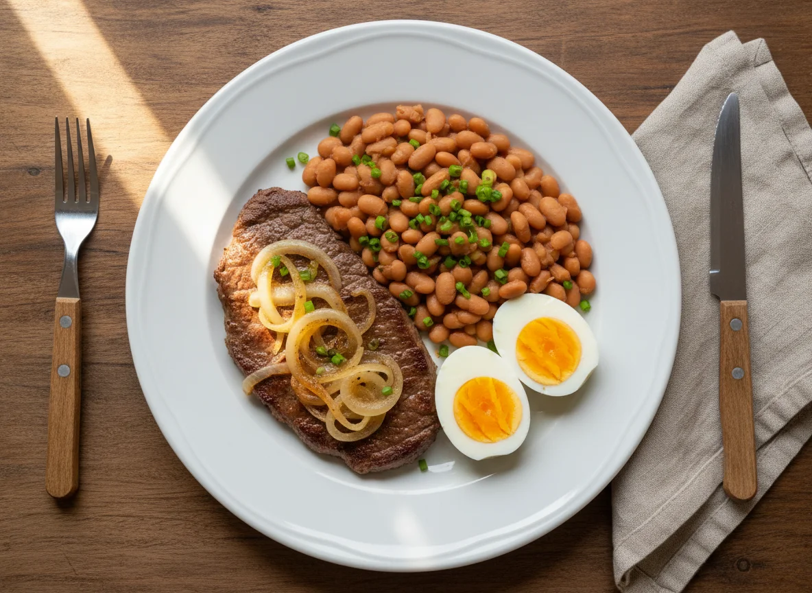 Prato com carne, feijão e ovos cozidos photo