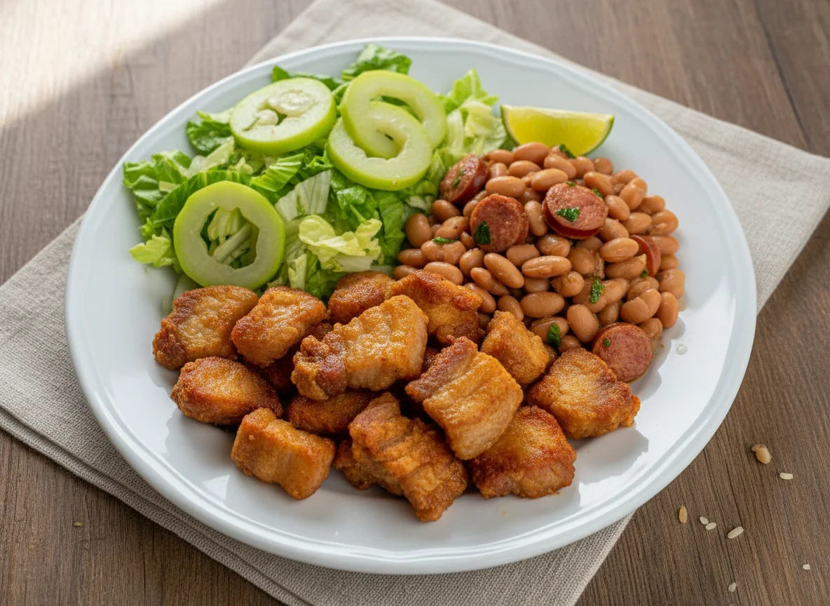 Prato com carne, feijão e salada photo
