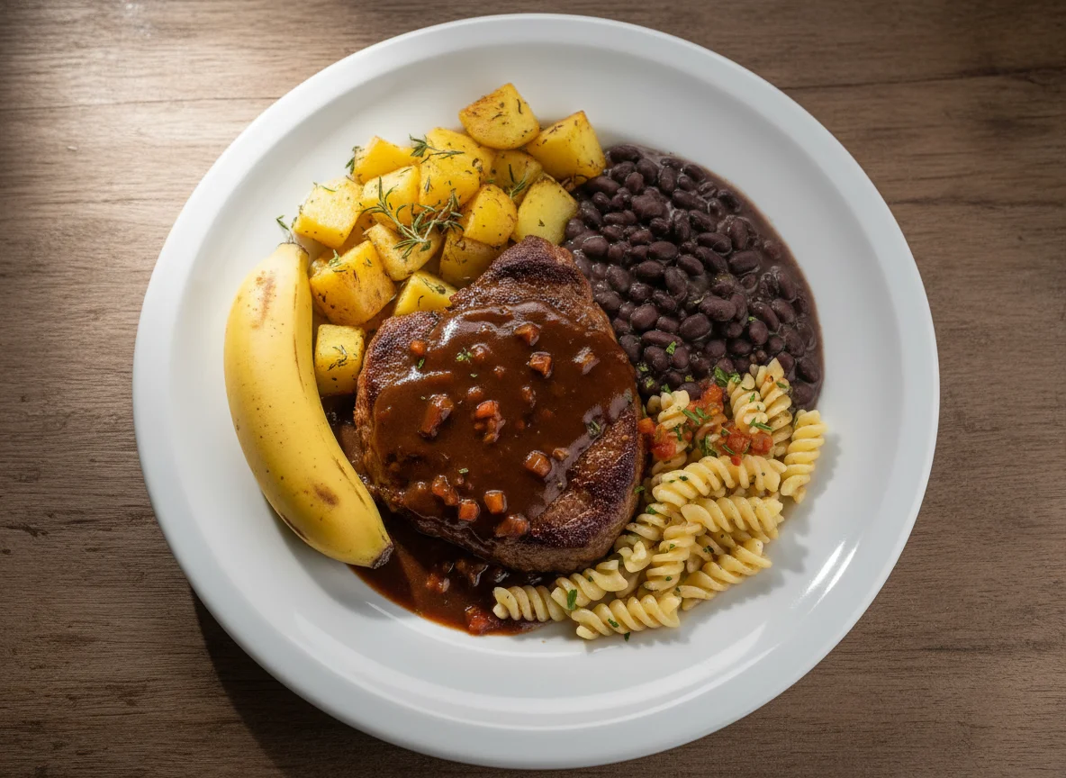 Prato com Carne, Feijão, Macarrão, Batatas e Banana photo