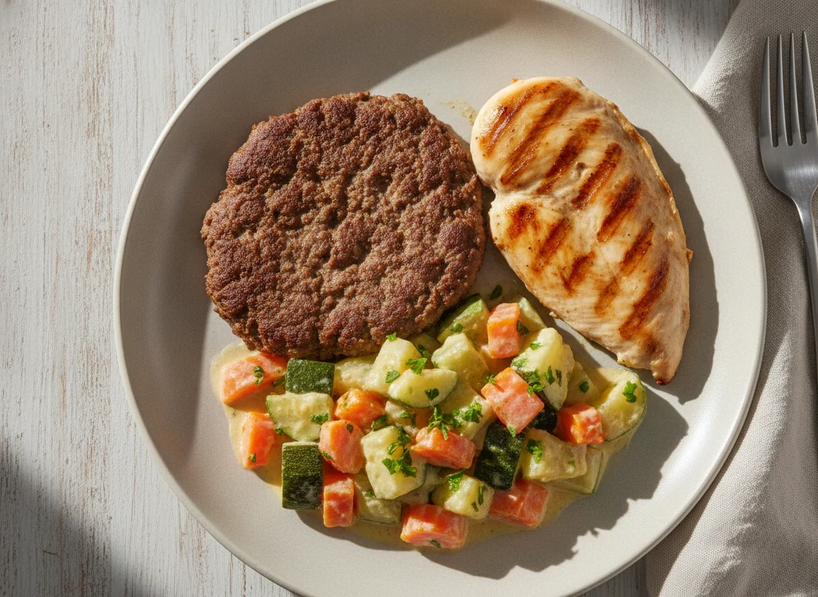 Prato com carne, frango e legumes cremosos photo