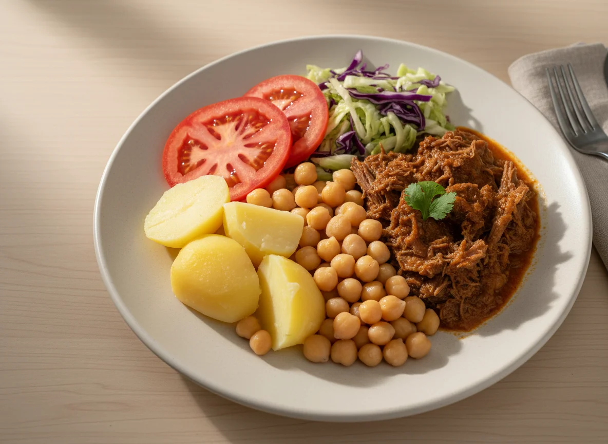 Prato com carne, grão de bico, batata, tomate e repolho photo
