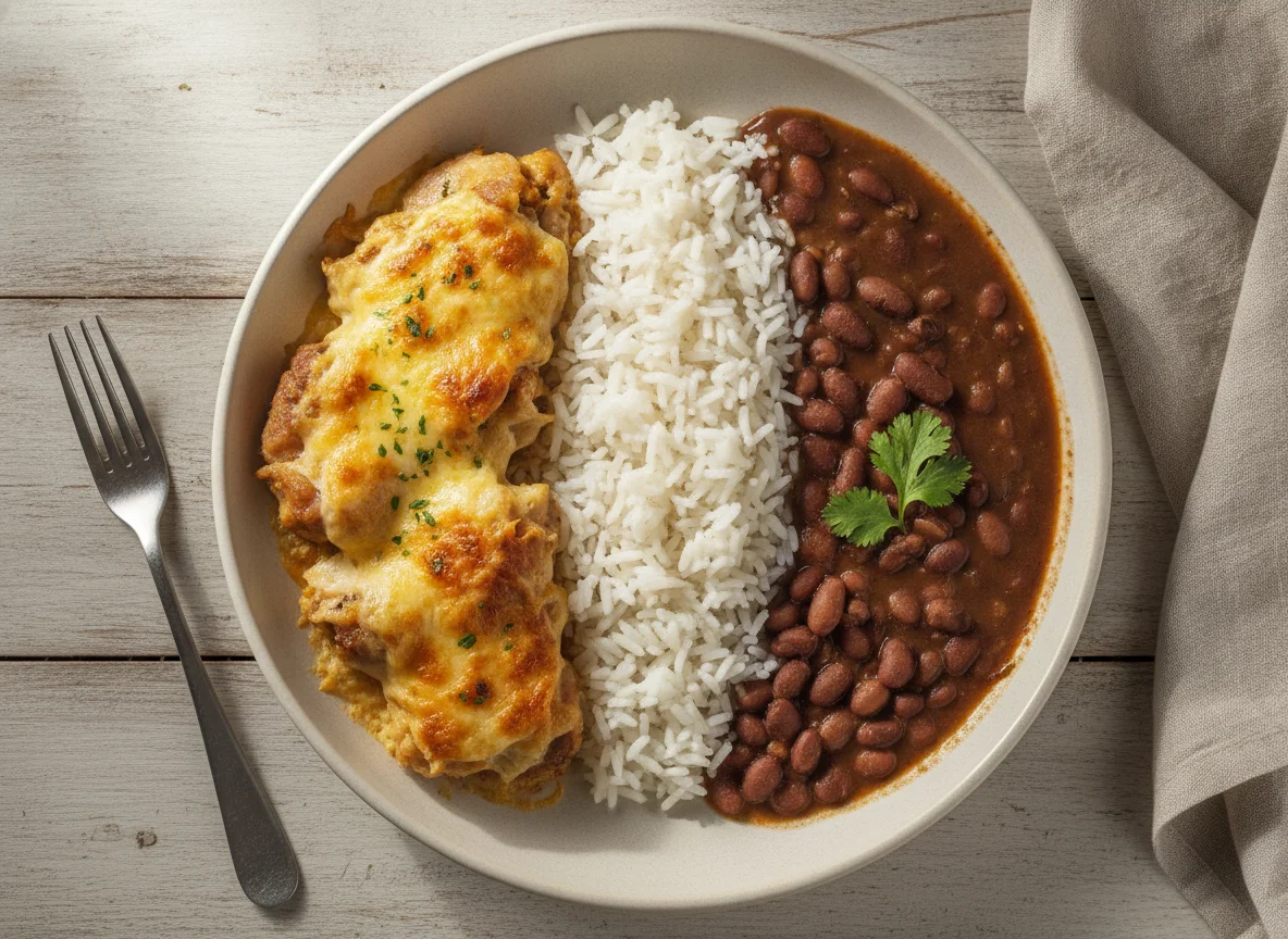 Prato com carne gratinada, arroz e feijão photo