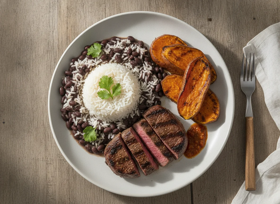 Prato com carne grelhada, arroz com feijão e batata doce photo