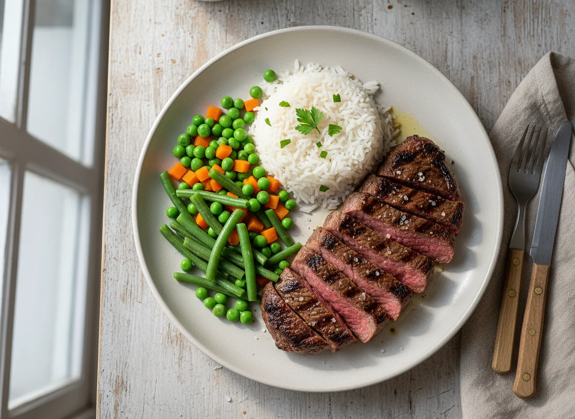 Prato com carne grelhada, arroz e legumes photo