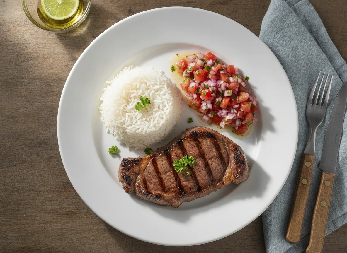 Prato com carne grelhada, arroz e vinagrete de cebola e tomate photo