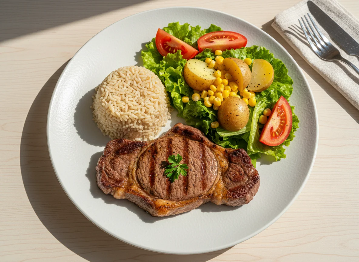 Prato com carne grelhada, arroz integral e salada photo
