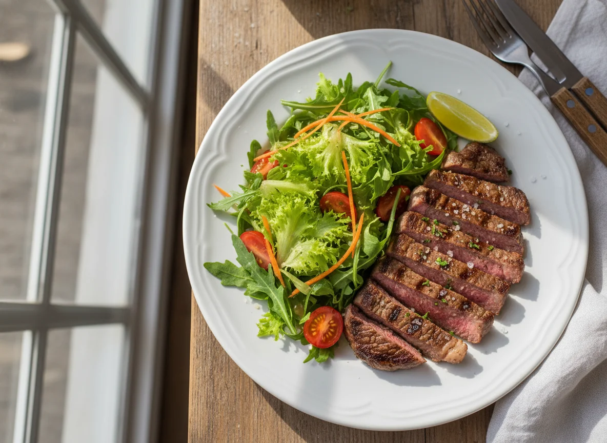 Prato com carne grelhada e salada photo