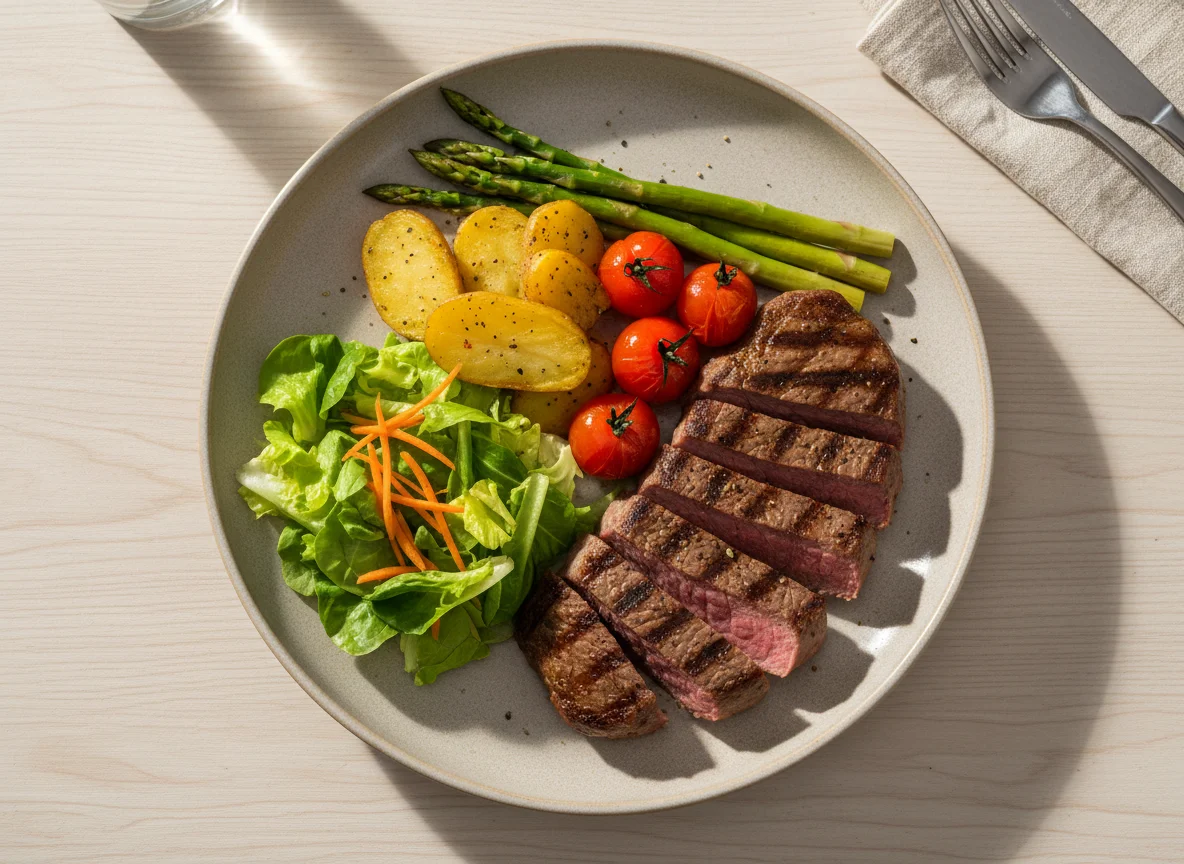 Prato com carne grelhada e vegetais photo