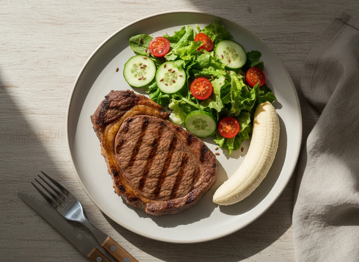 Prato com carne grelhada, salada e banana photo