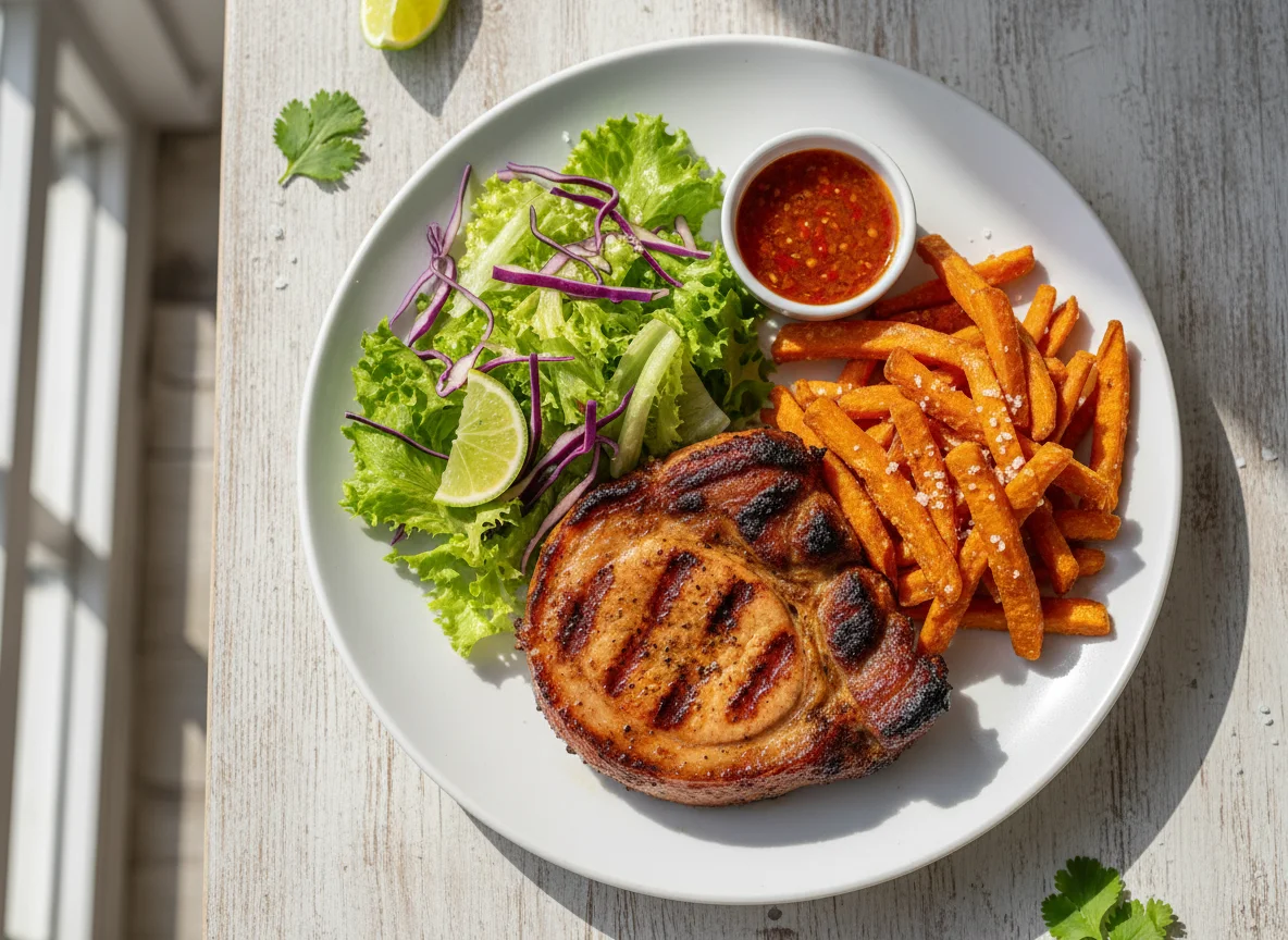 Prato com carne grelhada, salada e batata doce photo