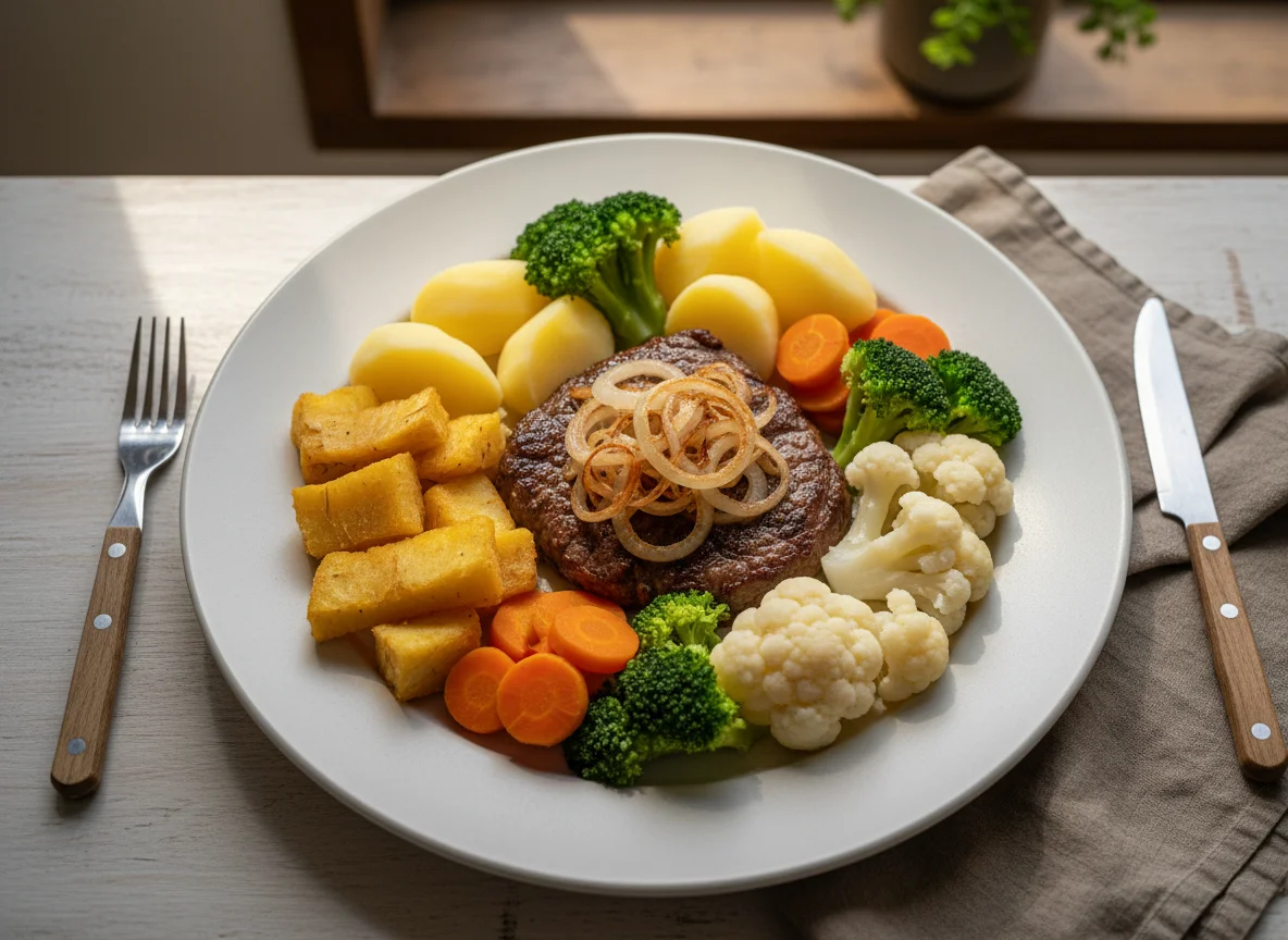 Prato com carne, legumes e mandioca frita photo