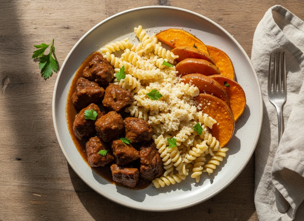Prato com carne, macarrão e batata doce photo