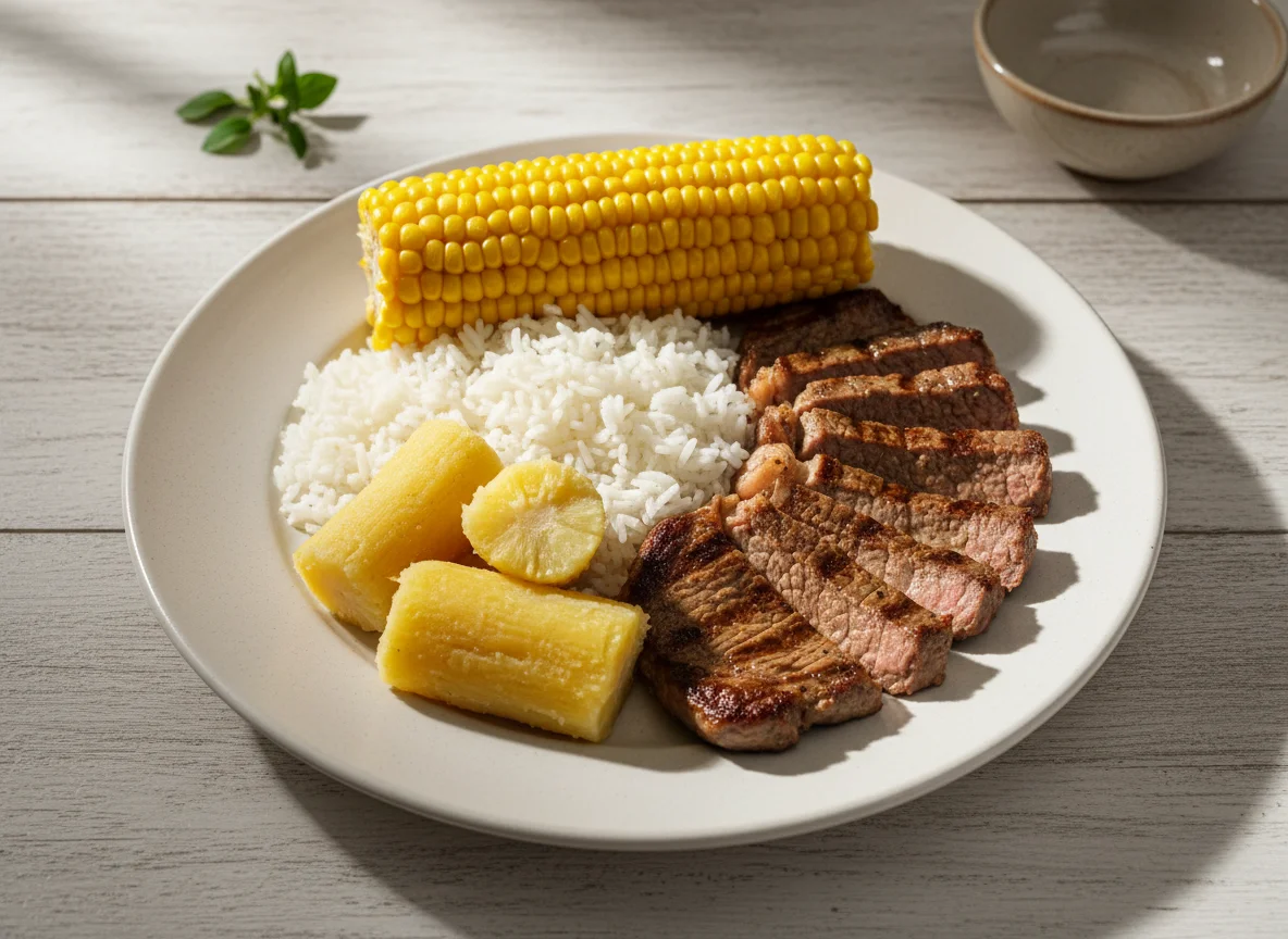 Prato com carne, mandioca, arroz e milho photo