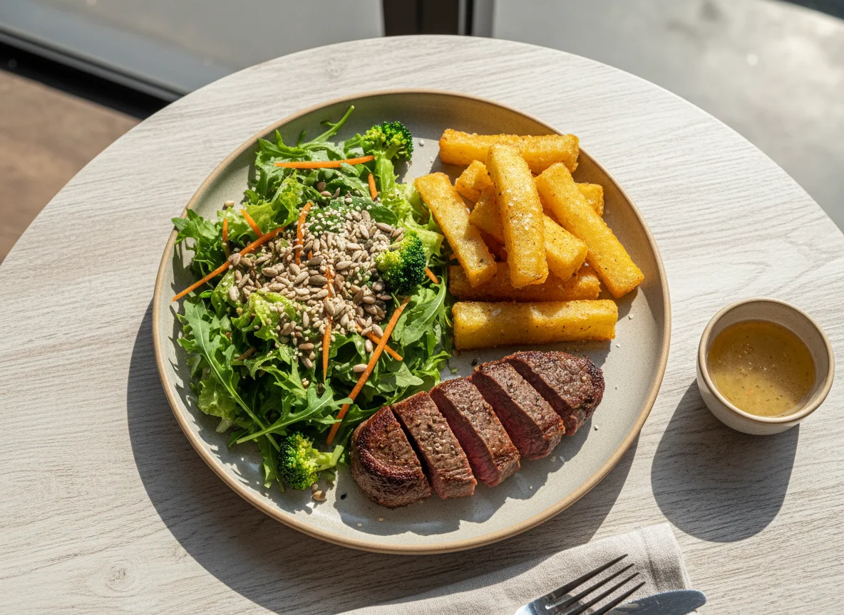 Prato com carne, mandioca frita e salada de folhas com sementes photo