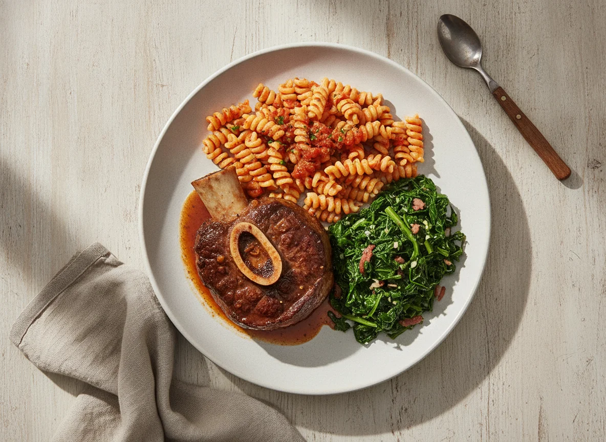 Prato com carne, massa e couve refogada photo