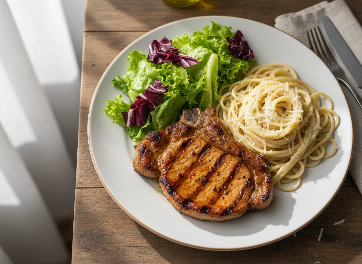 Prato com carne, massa e salada photo