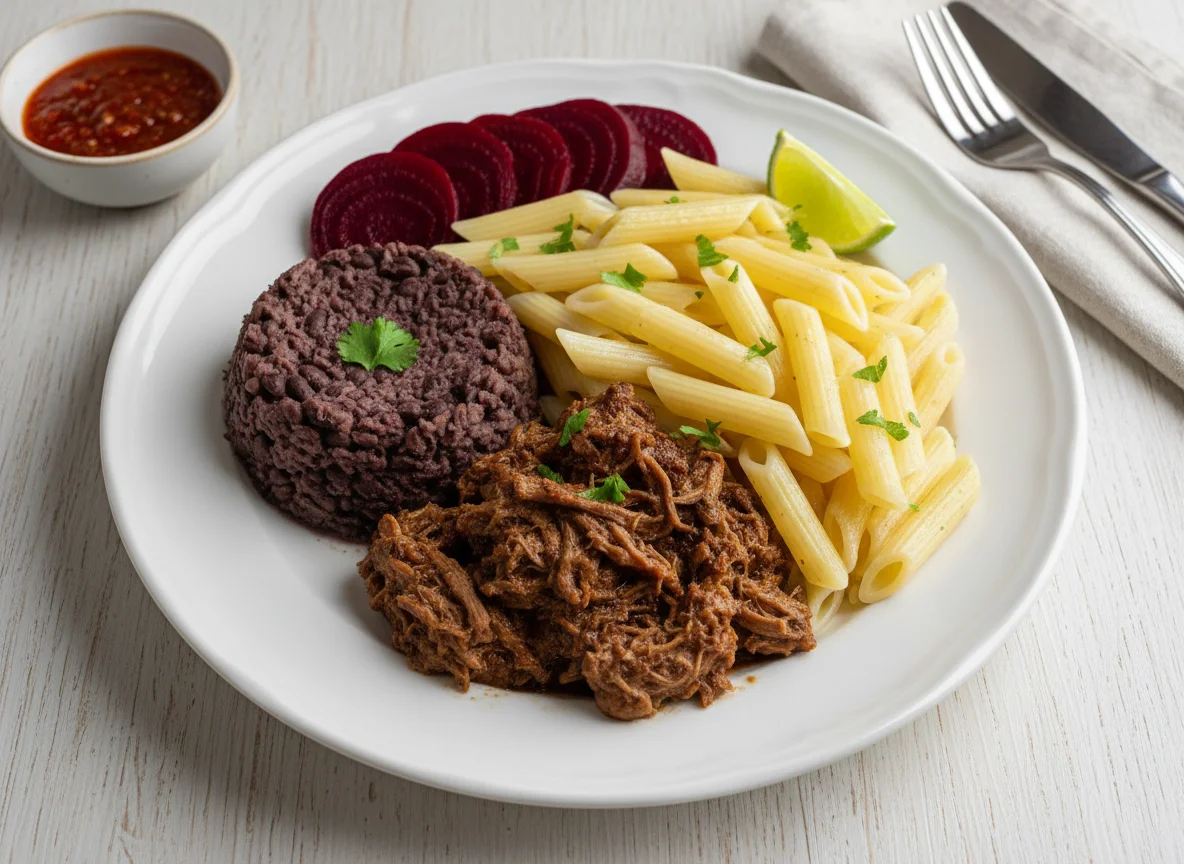Prato com carne, massa, feijão e beterraba photo